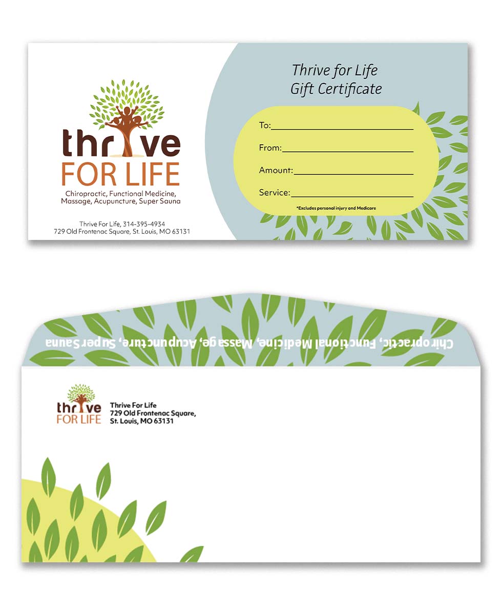 Thrive for Life Chiropractic gift certificate and envelope design